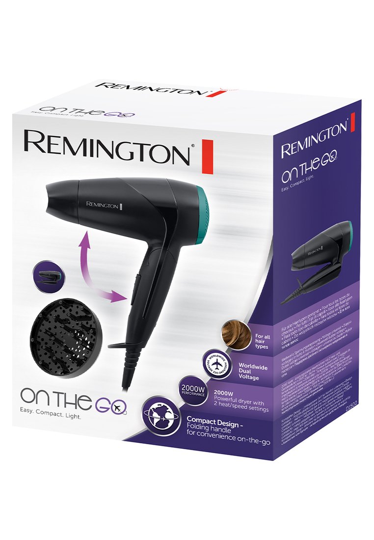 Secador de pelo compacto negro con un acento turquesa. Presenta un mango plegable, rendimiento de 2000W y dos configuraciones de calor/velocidad.