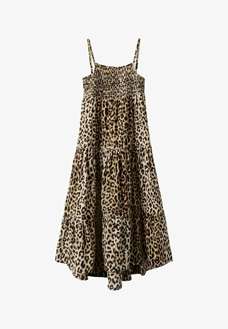Leopard print dress with thin adjustable straps, smocked top, tiered design, and a flowy silhouette. Fabric has a silky texture.