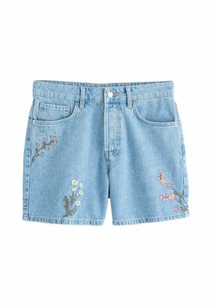 Hellblaue Denim-Shorts mit Knopfverschluss und bestickten rosa-weißen Blumenmustern auf den Vordertaschen und Beinen.