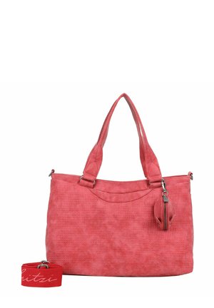 Rote Suede-Handtasche mit strukturierter Oberfläche, zwei Griffen und abnehmbarem Schlüsselanhänger. Verfügt über eine formstabile Form und einen sicheren Reißverschluss.