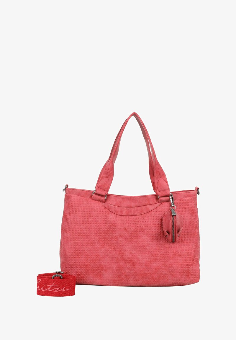 Rote Suede-Handtasche mit strukturierter Oberfläche, zwei Griffen und abnehmbarem Schlüsselanhänger. Verfügt über eine formstabile Form und einen sicheren Reißverschluss.