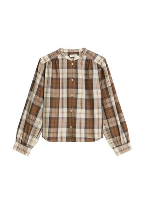 Long-sleeve plaid shirt in brown, cream, and tan. Features a button-front, round neckline, and gathered sleeve details. Cotton blend fabric.