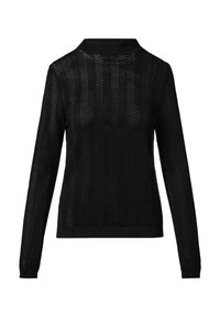 Schwarzer gestrickter Pullover mit Zickzackmuster, langen Ärmeln und einem Kragen. Weicher Stoff mit gerippten Bündchen und Saum. Rückansicht.