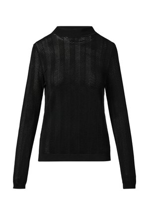 Schwarzer gestrickter Pullover mit Zickzackmuster, langen Ärmeln und einem Kragen. Weicher Stoff mit gerippten Bündchen und Saum. Rückansicht.