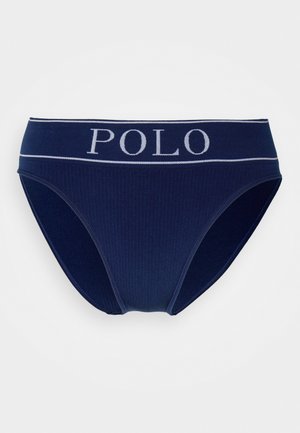 Navyblaue, gerippte Baumwollunterhose mit einem Logo-Bündchen, das "POLO" in Hellgrau zeigt. Glatte Textur mit klassischem Schnitt und ohne zusätzliche Muster.