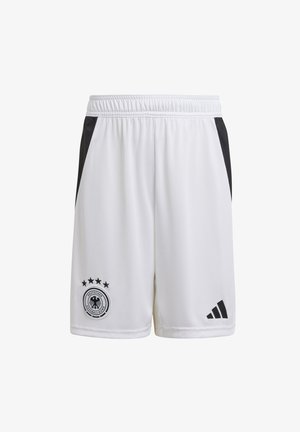 Hvide atletiske shorts med sorte sidelister, elastisk talje og broderet logo fra det tyske fodboldforbund med stjerner.