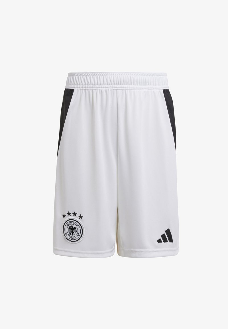 Weißer Sportshorts mit schwarzen Seitenelementen, elastischem Bund und gesticktem Logo des Deutschen Fußball-Bunds mit Sternen.