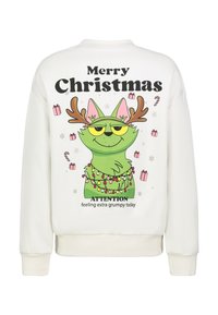 Weißes Sweatshirt mit einer cartoonartigen Figur mit Geweih, umgeben von Weihnachtsgeschenken und dem Text "Frohe Weihnachten" und "Achtung, mürrisch."