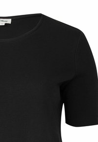 Black short-sleeve t-shirt made of soft fabric, featuring a crew neckline and smooth texture, with minimal stitching details.