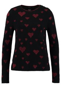 Zwarte trui met lange mouwen, met rode glitter hartpatronen overal. Ronde halslijn met een gestructureerde afwerking.