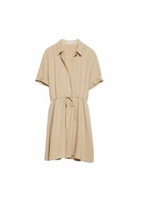 Beige šaty s krátkým rukávem a knoflíkovým zapínáním vpředu, límečkem, elastickým pasem a detailem vázání. Měkká tkanina a uvolněný střih, vhodné pro neformální nošení.