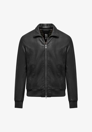 Schwarze Leder-Bomberjacke mit Reißverschluss, gerippten Bündchen und Saum sowie Seitentaschen. Das Innere weist ein kariertes Muster auf.