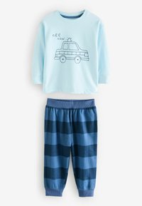 Haut à manches longues bleu clair avec un graphique de voiture, associé à un pantalon rayé bleu marine. Tissu doux, taille élastique, poignets côtelés sur le pantalon.