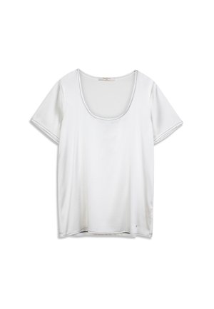 White short-sleeve t-shirt with a scoop neckline, made from soft cotton. It features visible stitching along the neckline and sleeves.