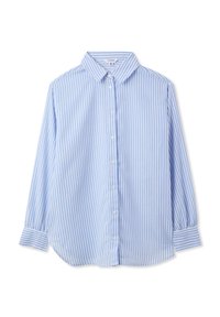 Camicia a righe blu e bianche con maniche lunghe, colletto classico, orlo arrotondato, realizzata in tessuto leggero. Caratterizzata da chiusura a bottoni.