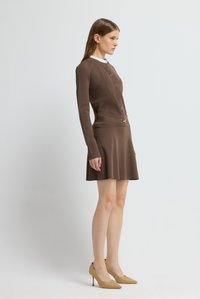 Vestito lavorato a maglia marrone con maniche lunghe, bottone frontale, vita aderente, gonna svasata e una cintura decorativa. Indossato con tacchi alti beige con fantasia.