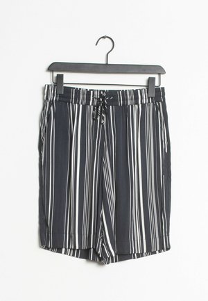 Shorts rayés avec une taille élastique et un cordon de serrage, présentant des lignes verticales blanches et bleu marine. Tissu léger avec une texture lisse.