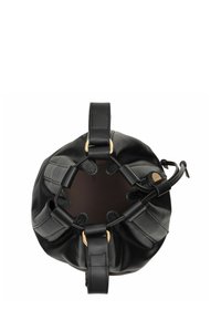 Borsa a secchiello in pelle nera di forma rotonda, con chiusura a coulisse regolabile, manici superiori e dettagli in metallo dorato. L'interno presenta una fodera marrone.