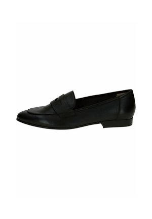 Black leather loafer with a rounded toe, featuring a decorative strap across the vamp and a low, flat heel for easy wear.
