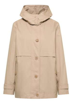Veste beige à capuche avec boutons sur le devant, manches longues, poches latérales et bracelets de poignet réglables.