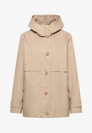 Chaqueta beige con capucha, botones delanteros, mangas largas, bolsillos laterales y correas ajustables en las muñecas.