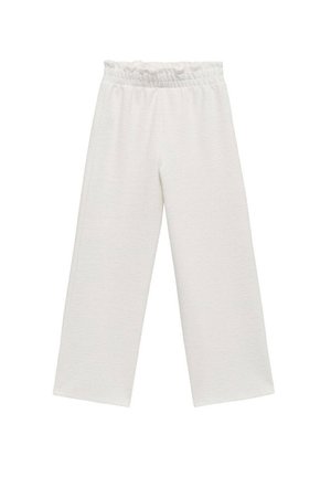 Bílé, středně vysoké kalhoty vyrobené z texturovaného materiálu, s širokým střihem nohavic a elastickým pasem pro pohodlí.