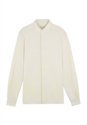 Cream long-sleeve button-up shirt with a collared design, soft texture, and subtle branding on the left chest. Plain without patterns.