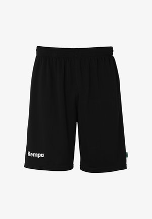 Shorts de sport noirs en tissu léger, avec une taille élastique et un logo "Kempa" blanc sur la jambe gauche.