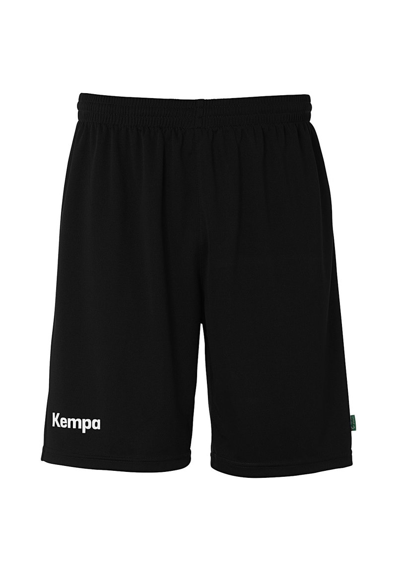 Sorte atletikshorts lavet af letvægtsstof, med elastisk talje og hvid 'Kempa'-logo på venstre ben.