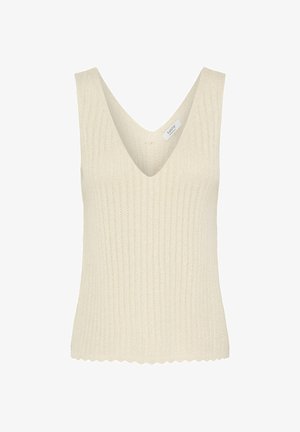Kremasti pleteni top bez rukava s V-izrezom i suptilnim okomitim rebrastim uzorkom, valovitom donjom ivicom i malom unutarnjom etiketom.