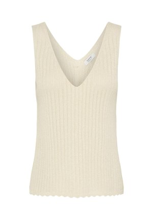 Haut sans manches en tricot couleur crème avec col en V et motif côtelé vertical subtil, ourlet festonné et petite étiquette intérieure.