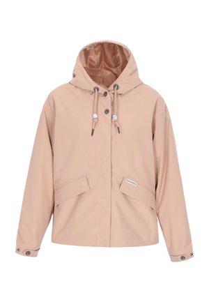 Lyserød vandtæt jakke med hætte, to forlommer, justerbare snørebånd og detaljer i sølv.