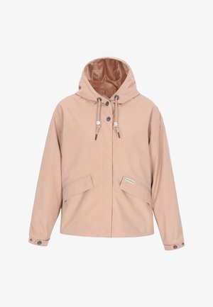 Jasnoróżowa wodoodporna kurtka z kapturem, dwoma przednimi kieszeniami, regulowanymi sznurkami i srebrnymi detalami.