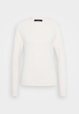 Long-sleeve white crewneck sweater with ribbed cuffs and hem, displayed on a plain light gray background.