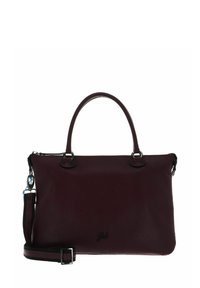 Borsa in pelle bordeaux con doppio manico corto, tracolla rimovibile, forma strutturata e superficie liscia. Presenta un branding sottile.