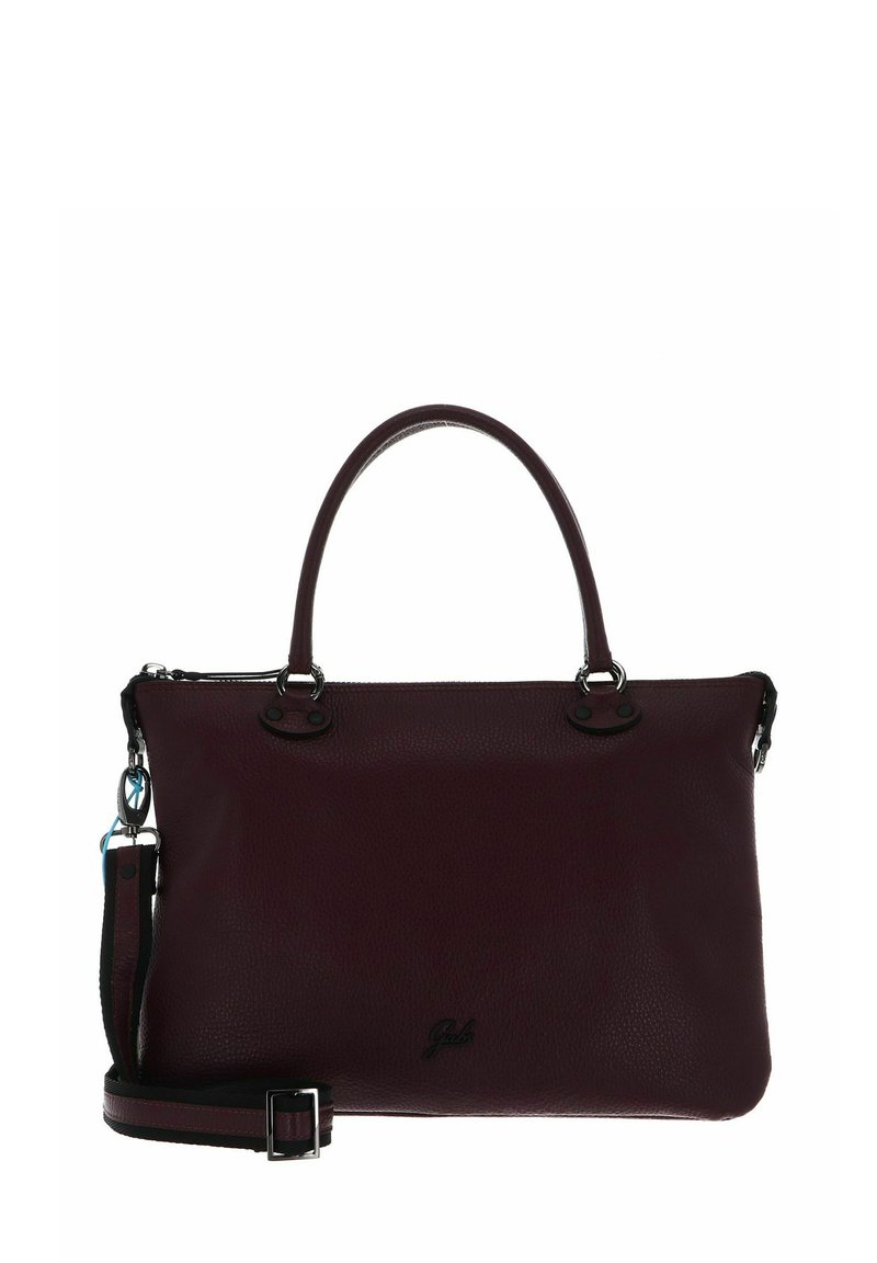 Borsa in pelle bordeaux con doppio manico corto, tracolla rimovibile, forma strutturata e superficie liscia. Presenta un branding sottile.