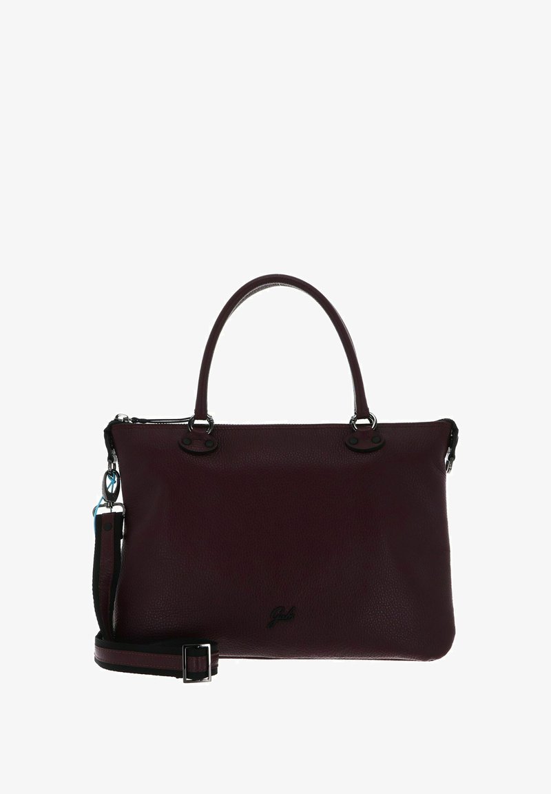 Borsa in pelle bordeaux con doppio manico corto, tracolla rimovibile, forma strutturata e superficie liscia. Presenta un branding sottile.