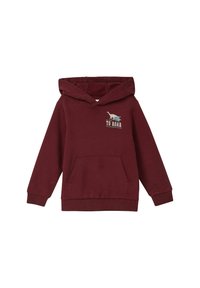 Bordeaux hoodie met een kangoeroezak en geribde manchetten. Bevat een geprinte dinosaurustekening met de tekst "TO ROAR" erboven.