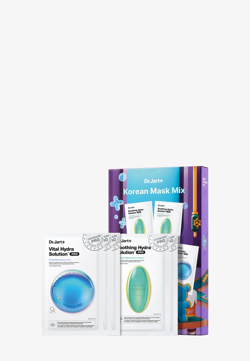 Dr.Jart+ koreansk maskesett som inneholder 4 ark masker i holografisk emballasje, sirkulære formater, med livlige blå og grønne aksenter.