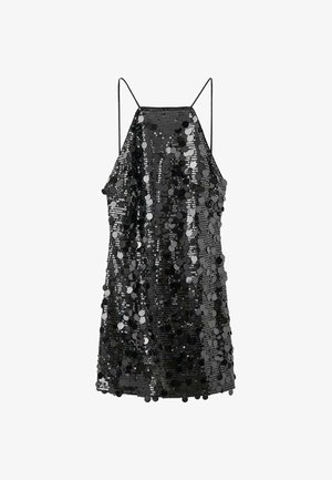 Crna haljina s šljokicama i tankim trakama, koja ima ležeran kroj i sjajnu teksturu stvorenu okruglim šljokicama po cijeloj površini.