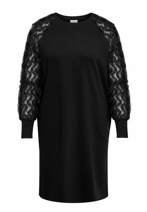 Czarna sukienka z prążkowanym dekoltem oraz długimi, półprzeźroczystymi rękawami z falbankami. Miękka tkanina o prostym kroju z bocznymi rozcięciami przy dole.
