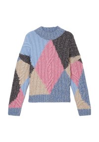 Stickad tröja med hög hals, färgblockerad design i blått, rosa, beige och grått, med kabelstickade mönster och varierande texturer.