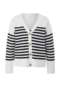 Strickjacke in schwarz-weißen Streifen, mit einem V-Ausschnitt, langen Ärmeln und fünf runden Knöpfen auf der Vorderseite.