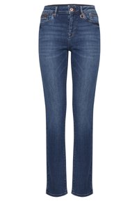 Jeans de mezclilla azul marino con un diseño de pierna recta, estilo de cinco bolsillos y un sutil detalle de costura, que presentan un cierre de botón y cremallera.
