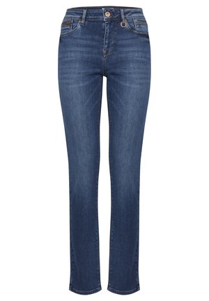 Jean en denim bleu foncé avec une coupe droite, cinq poches, et des détails de couture subtils, doté d'une fermeture à bouton et à glissière.