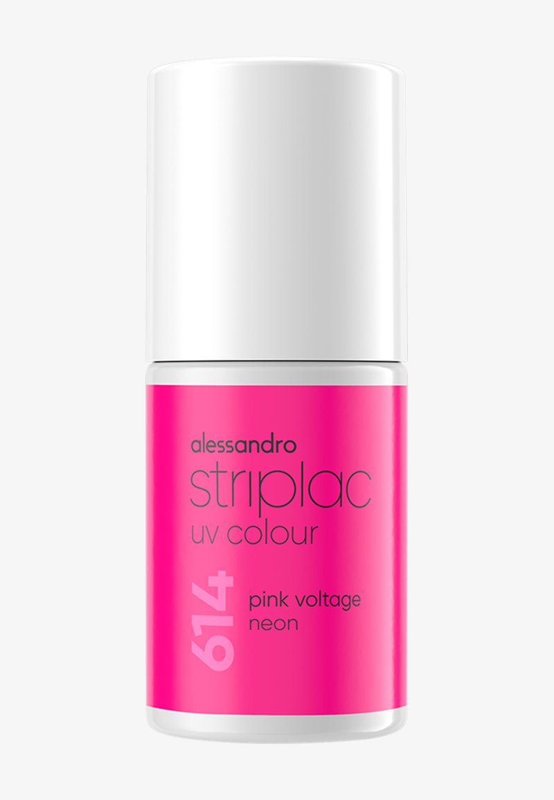 Lo smalto per unghie UV Striplac di Alessandro in un vivace rosa neon con un elegante tappo bianco, etichettato "pink voltage 614." Texture liscia.