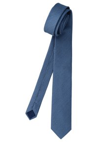 Blue checked tie made of woven fabric, featuring a slim design with a pointed tip and a smooth texture. Notable dark blue accents at the end.
