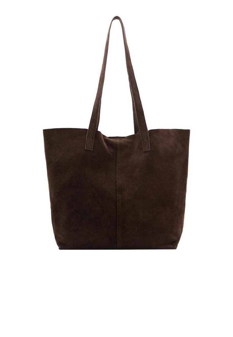 Rjava semiš torba za nošenje z dvema dolgima ro handles, s ploščato pravokotno obliko in brezšivnim sprednjim dizajnom. Mehka tekstura in minimalističen stil.
