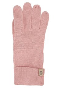 Rosa gestrickte Handschuhe mit einem gerippten Bündchen und fünf Fingern. Hergestellt aus weichem Garn, zeigen sie eine strukturierte Oberfläche und ein kleines Markenschild.