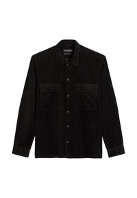 Camicia in corduroy nera con maniche lunghe, chiusura frontale con bottoni, colletto classico e due tasche sul petto. Texture morbida con righe verticali.